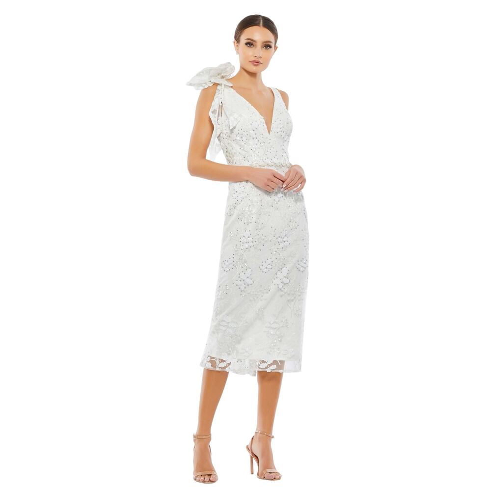 Mac Duggal NWT Floral Embellished V-Neck Midi Dress w/Shoulder Bow White Size 4